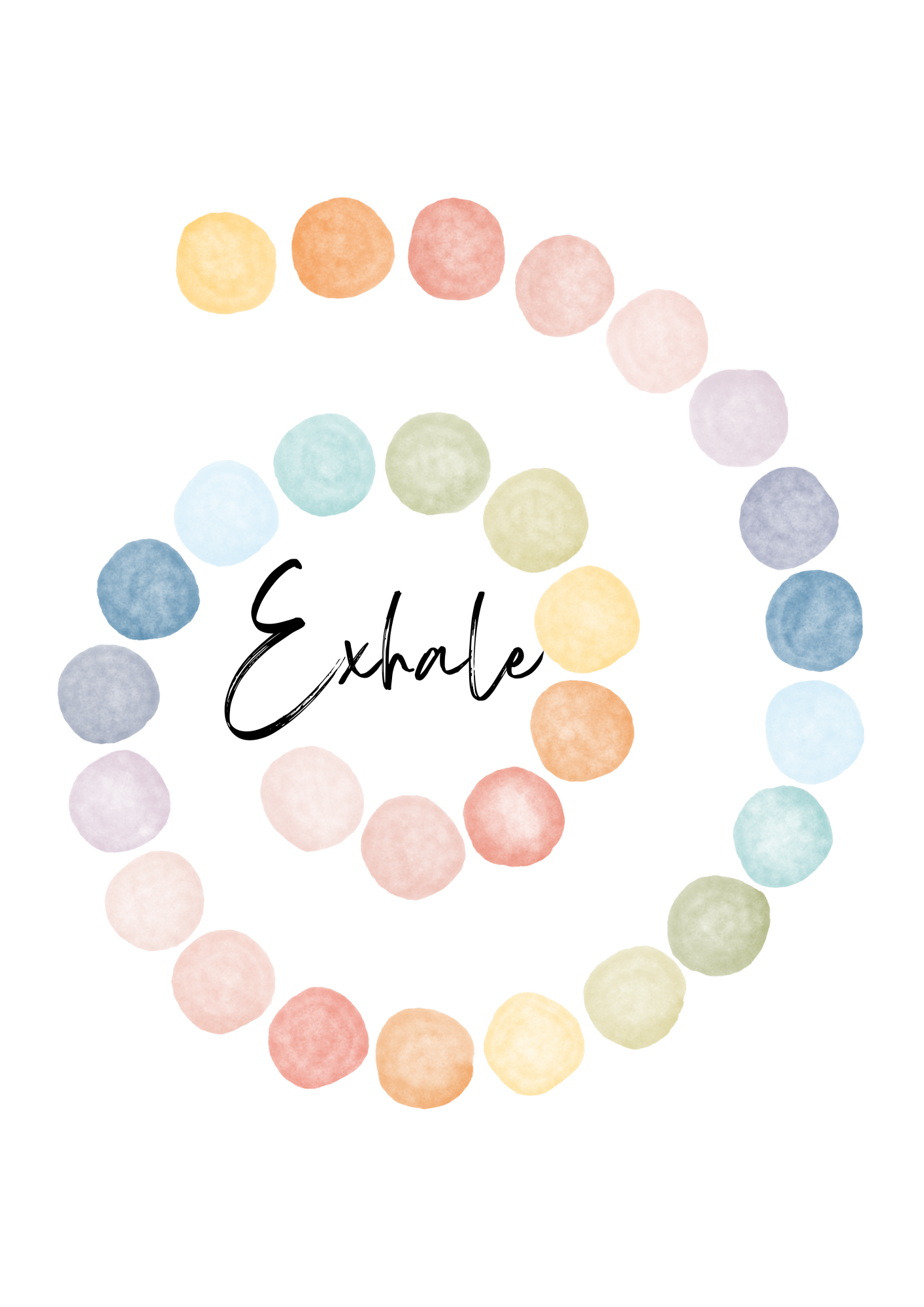 Two minimalist prints with the words "Exhale" and "Inhale" in script, each paired with soft, circular watercolour dots on a white background.1