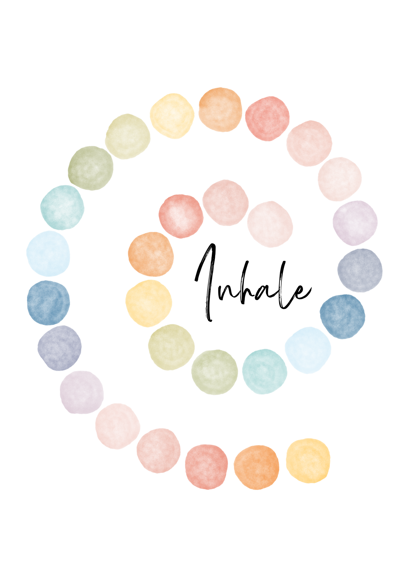 Two minimalist prints with the words "Exhale" and "Inhale" in script, each paired with soft, circular watercolour dots on a white background.2