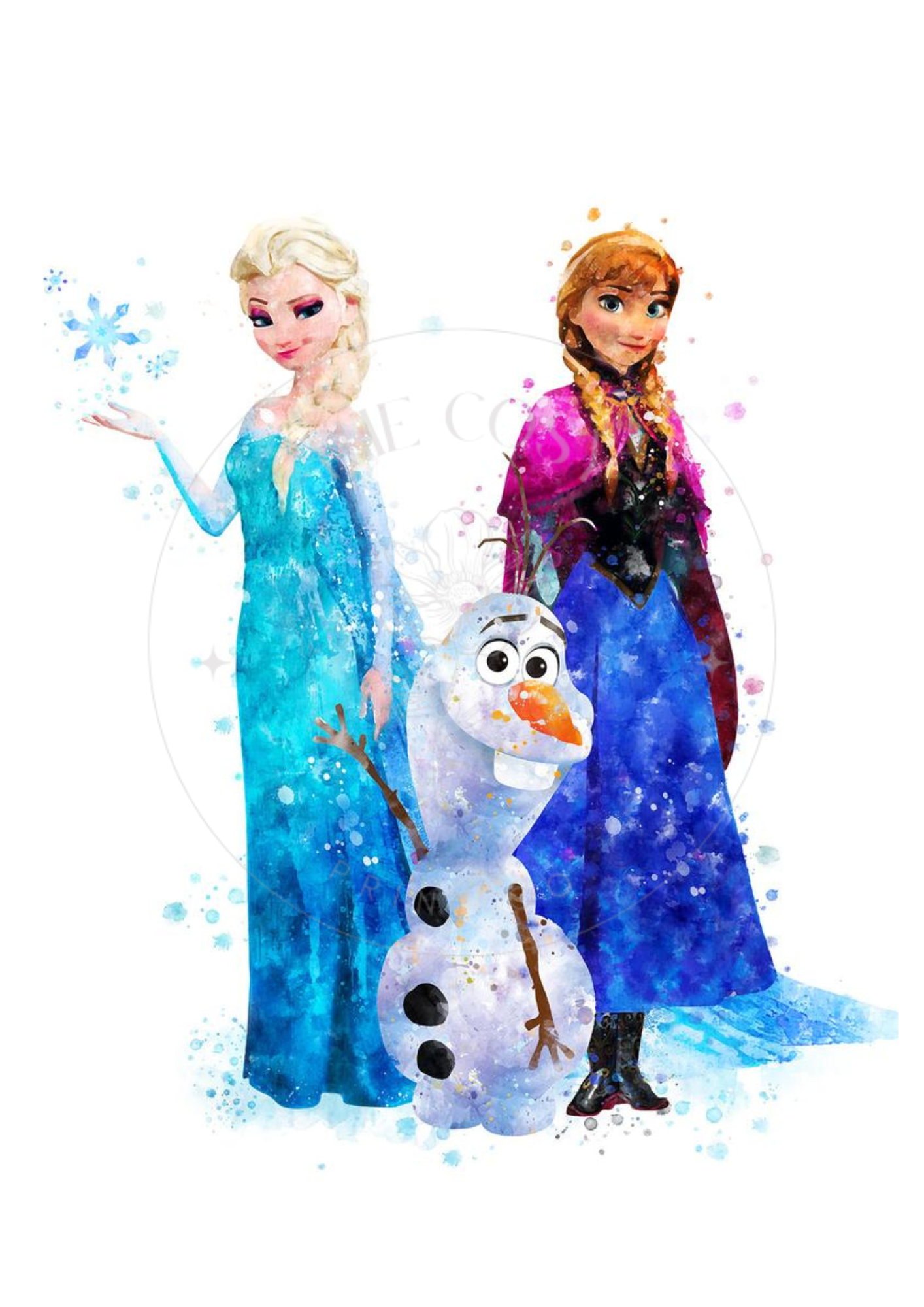 Watercolour-style Frozen print with Elsa, Anna, and Olaf in pastel colours disney