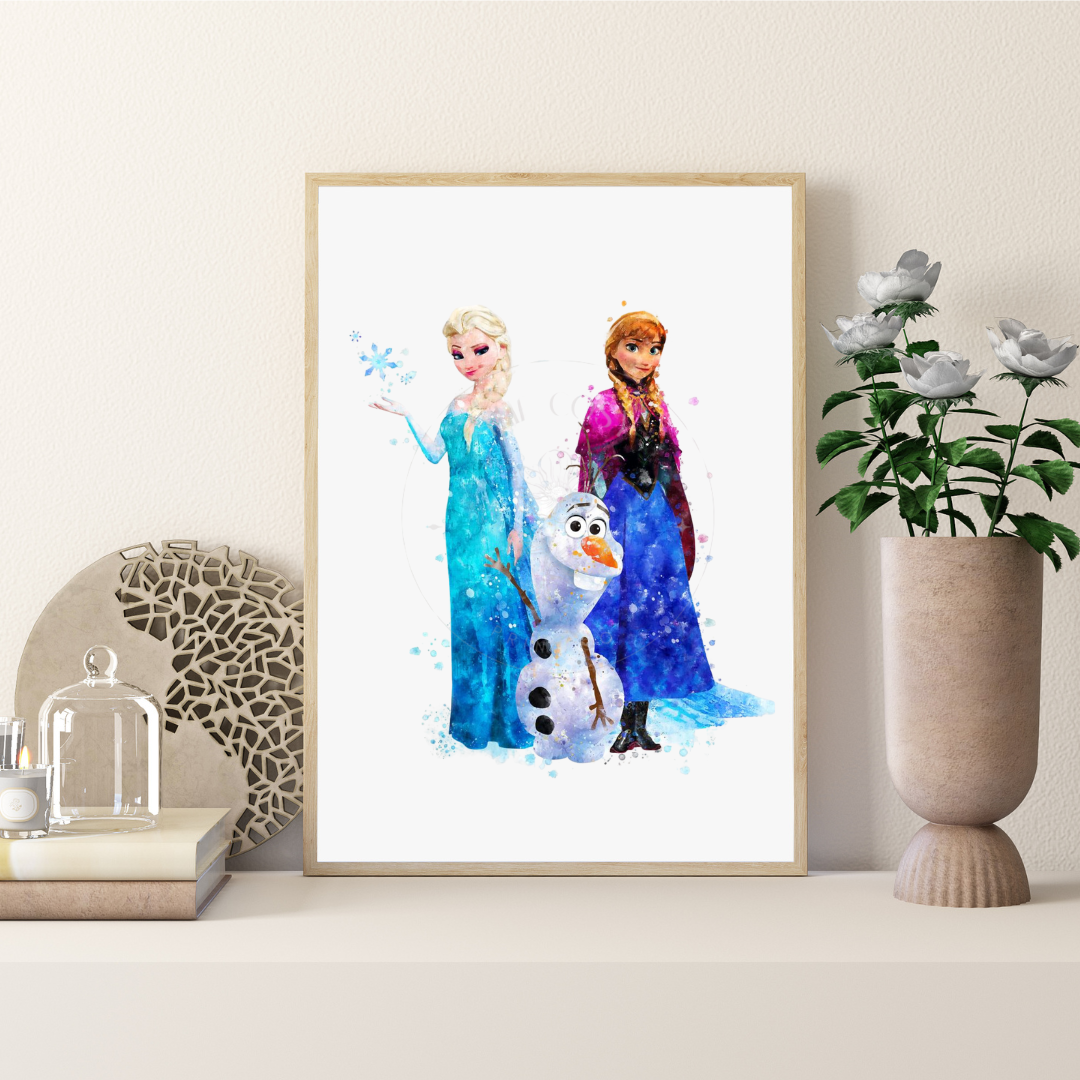 Watercolour-style Frozen print with Elsa, Anna, and Olaf in pastel colours disney