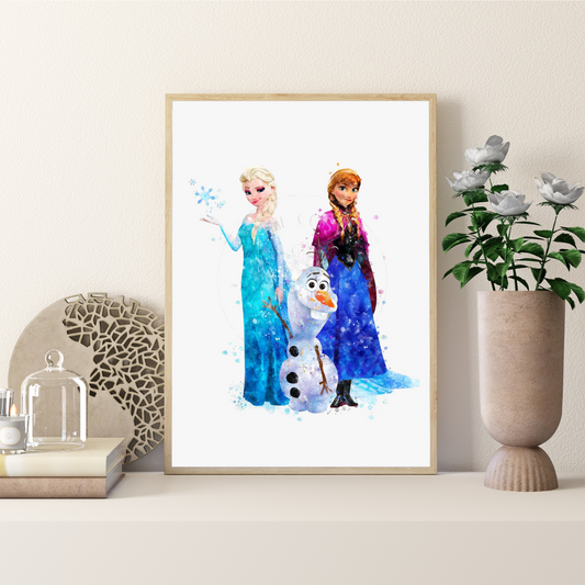 Watercolour-style Frozen print with Elsa, Anna, and Olaf in pastel colours disney