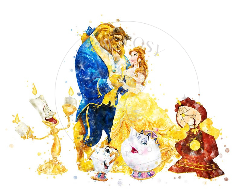 Watercolour print of Belle and the Beast in soft fairytale colours disney
