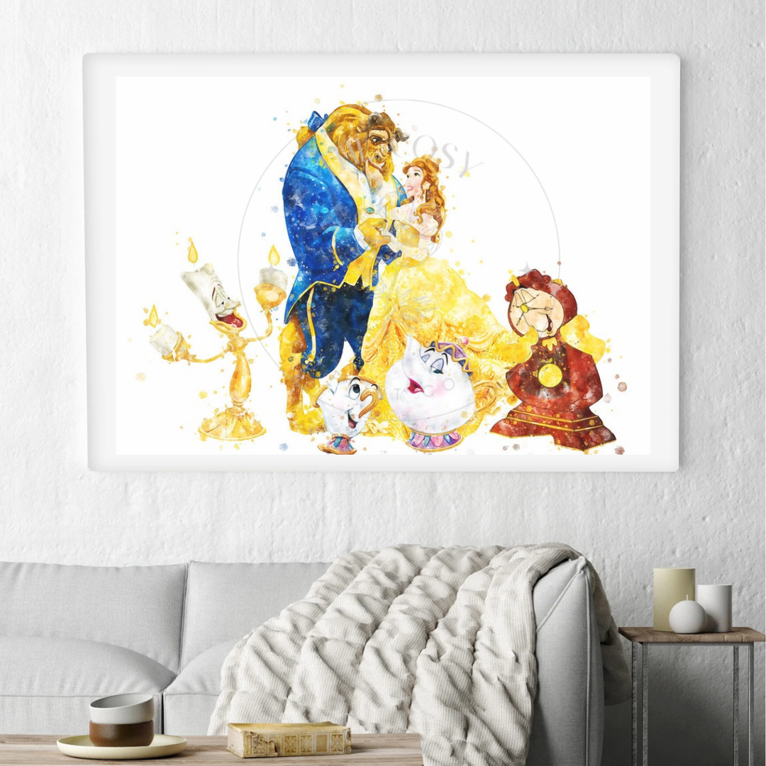 Watercolour print of Belle and the Beast in soft fairytale colours disney