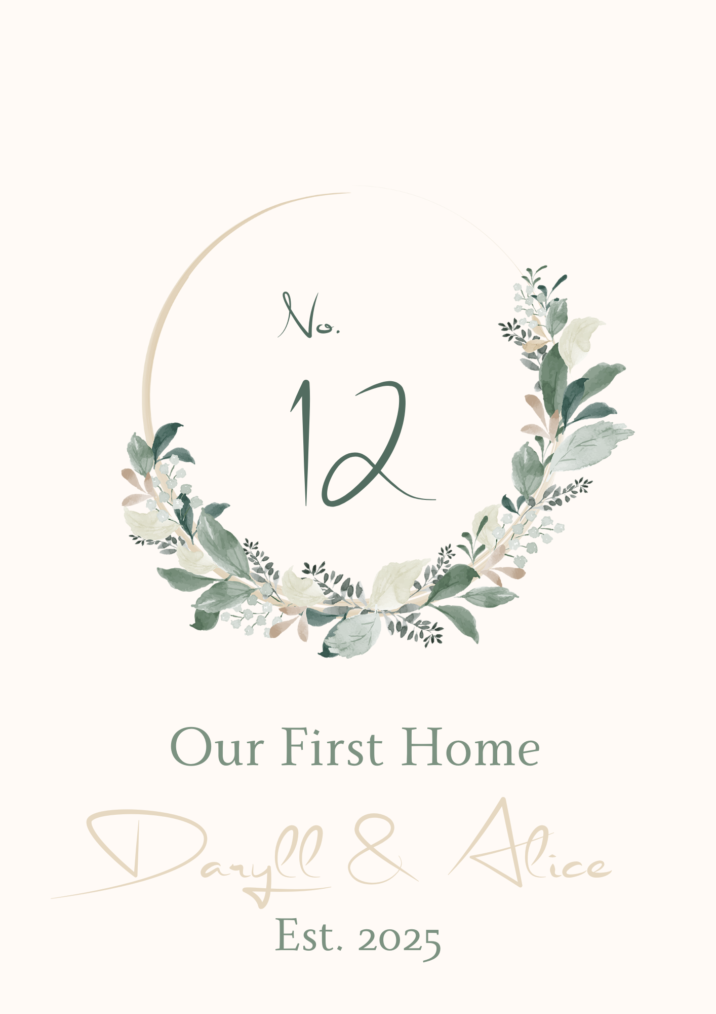 ersonalised first home print in greens and creams with names and house number.