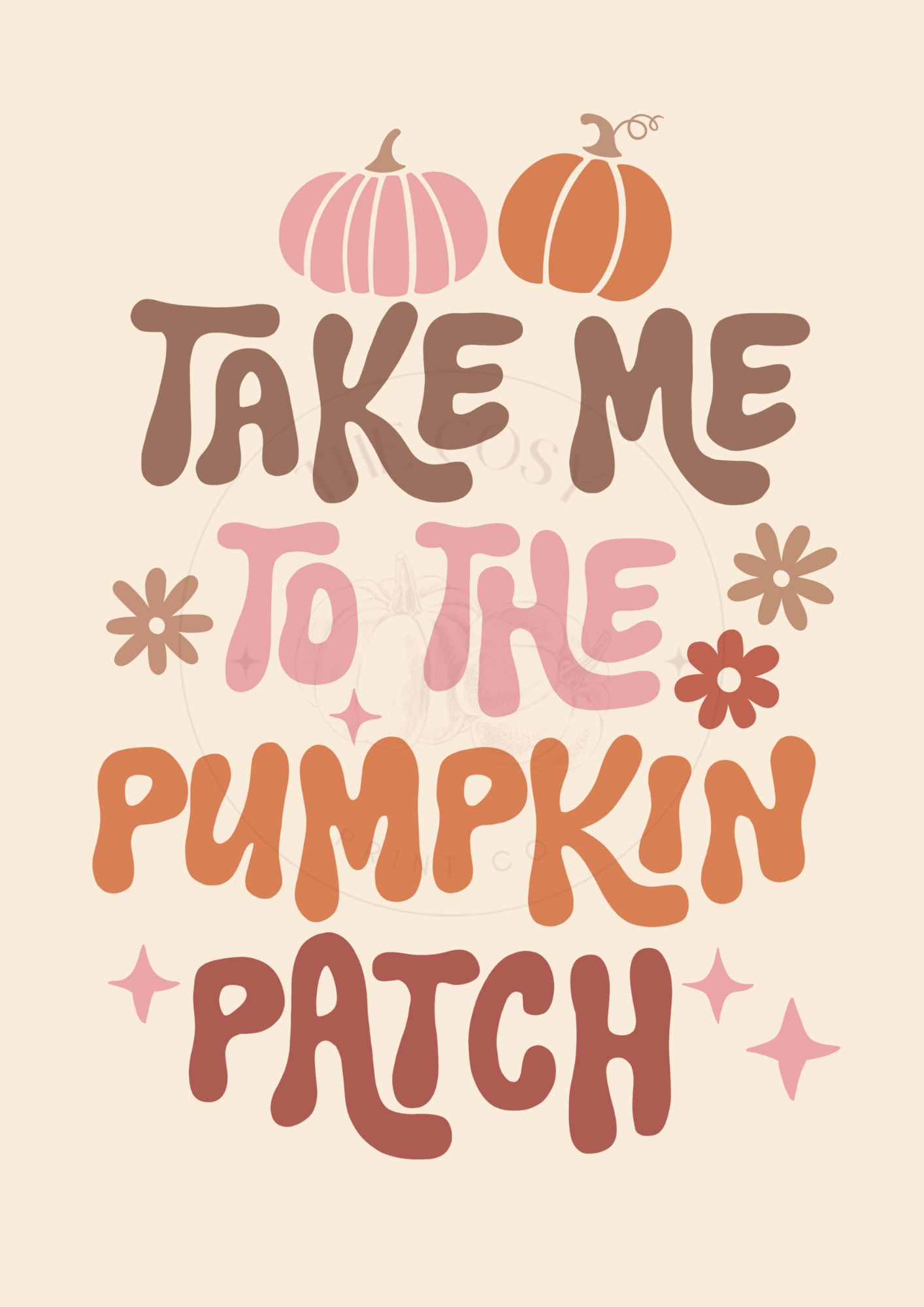 Hand-drawn “Take Me to the Pumpkin Patch” wall art on 200gsm high-quality card with ColourLok™ finish in warm autumn colours. Ideal for hallway, console table, or kitchen décor.