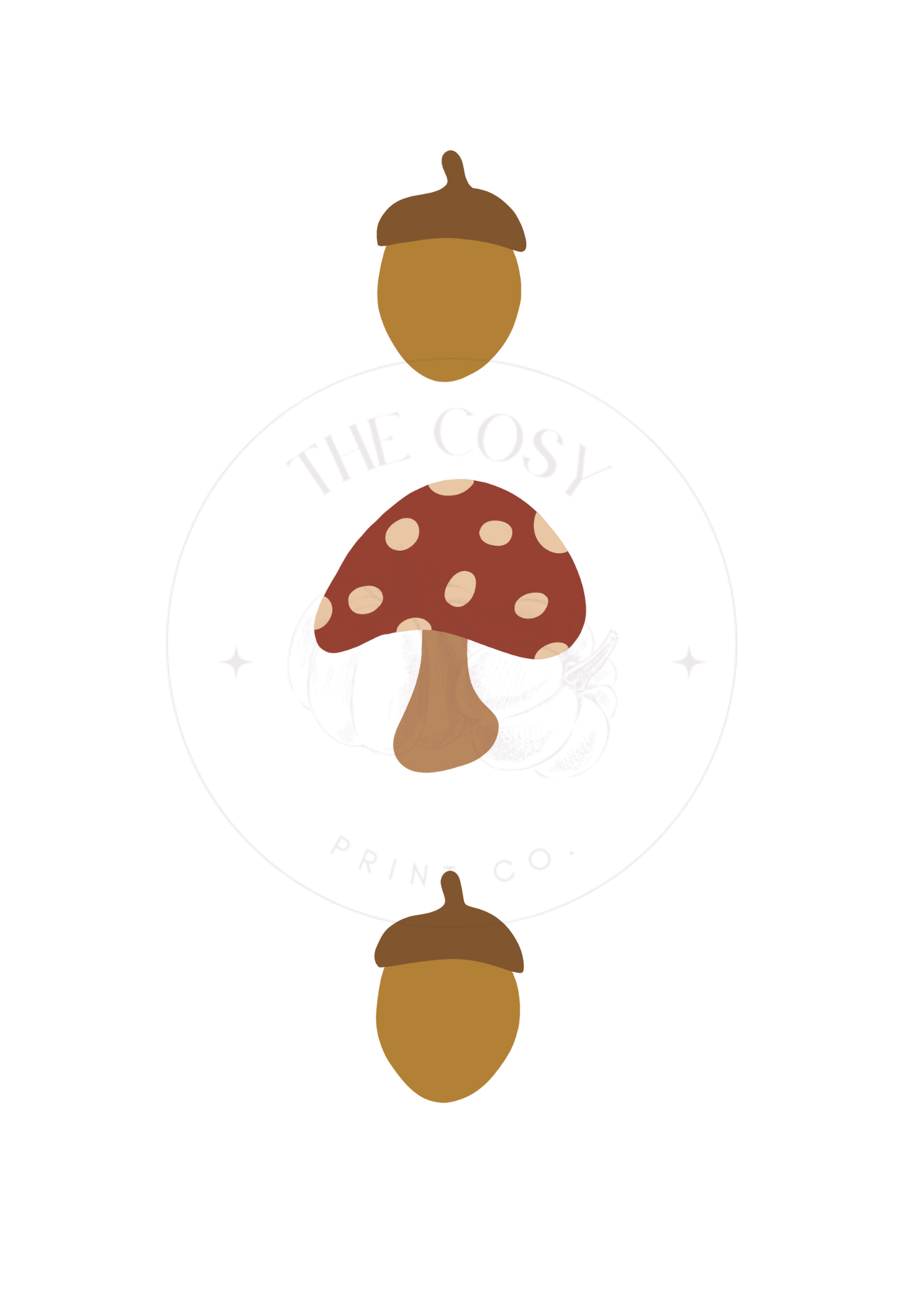 Hand-drawn mushroom and acorn autumn print – rustic woodland wall art in warm earthy tones