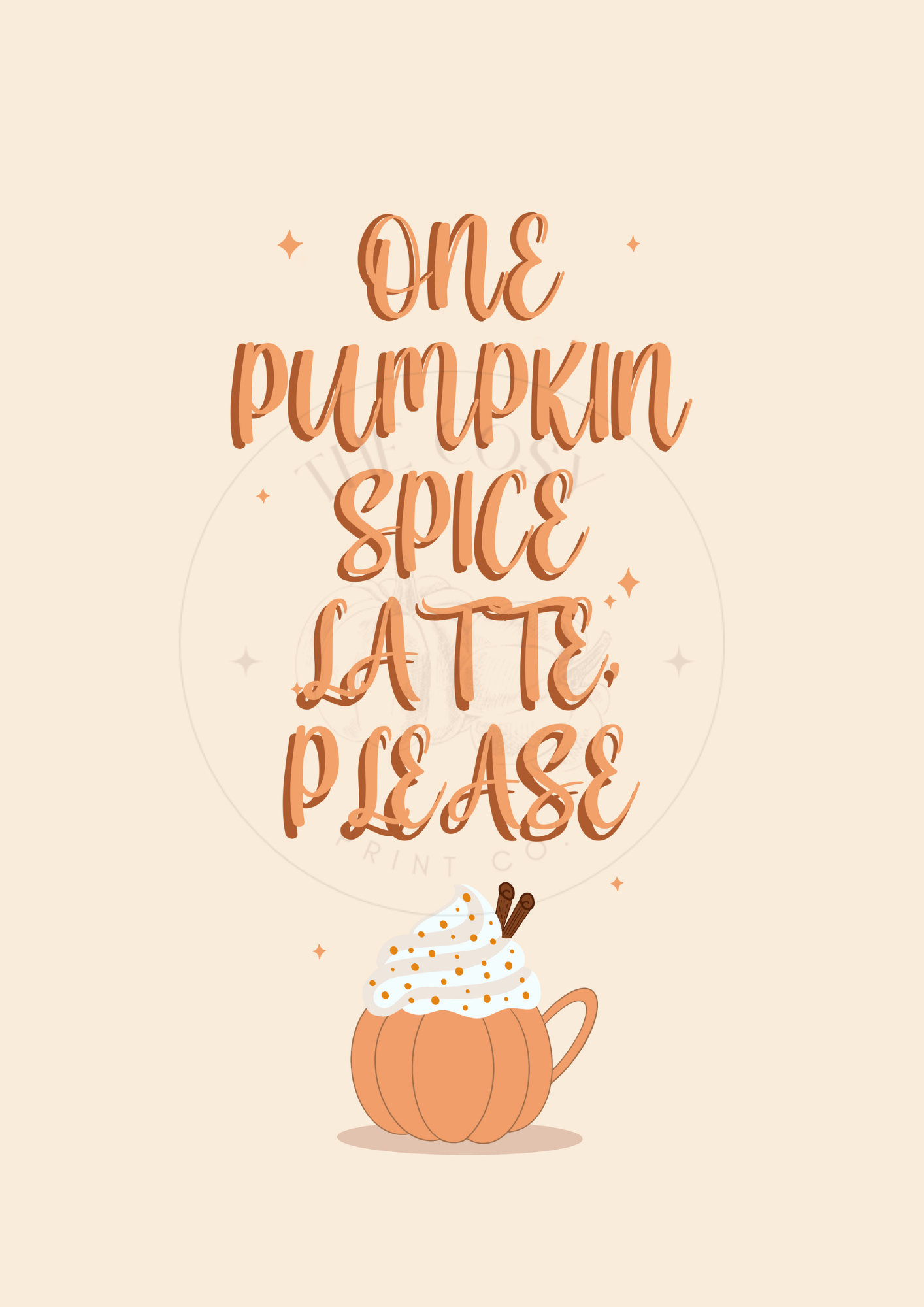 Hand-drawn wall art print with the phrase “One Pumpkin Spice Latte Please” in warm orange and cream autumn tones.