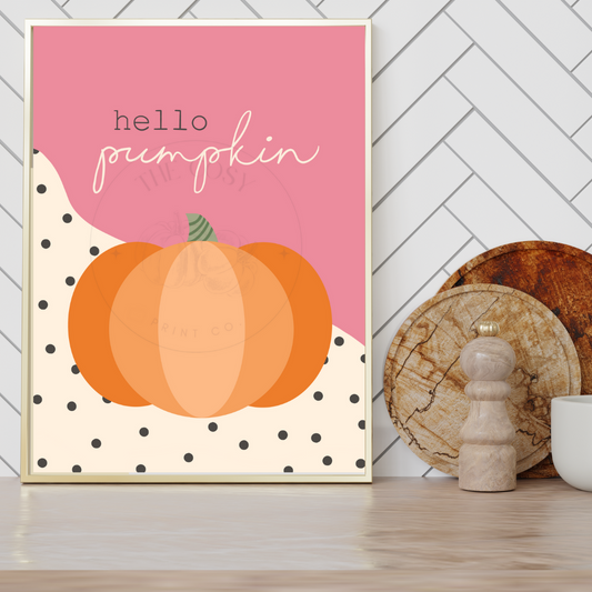 Hello Pumpkin funky wall art print in bright pink and cream – playful autumn home décor