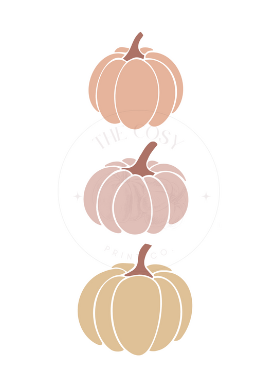 Minimalist three pumpkins print in soft neutral autumn colours – cream, beige, and brown wall art