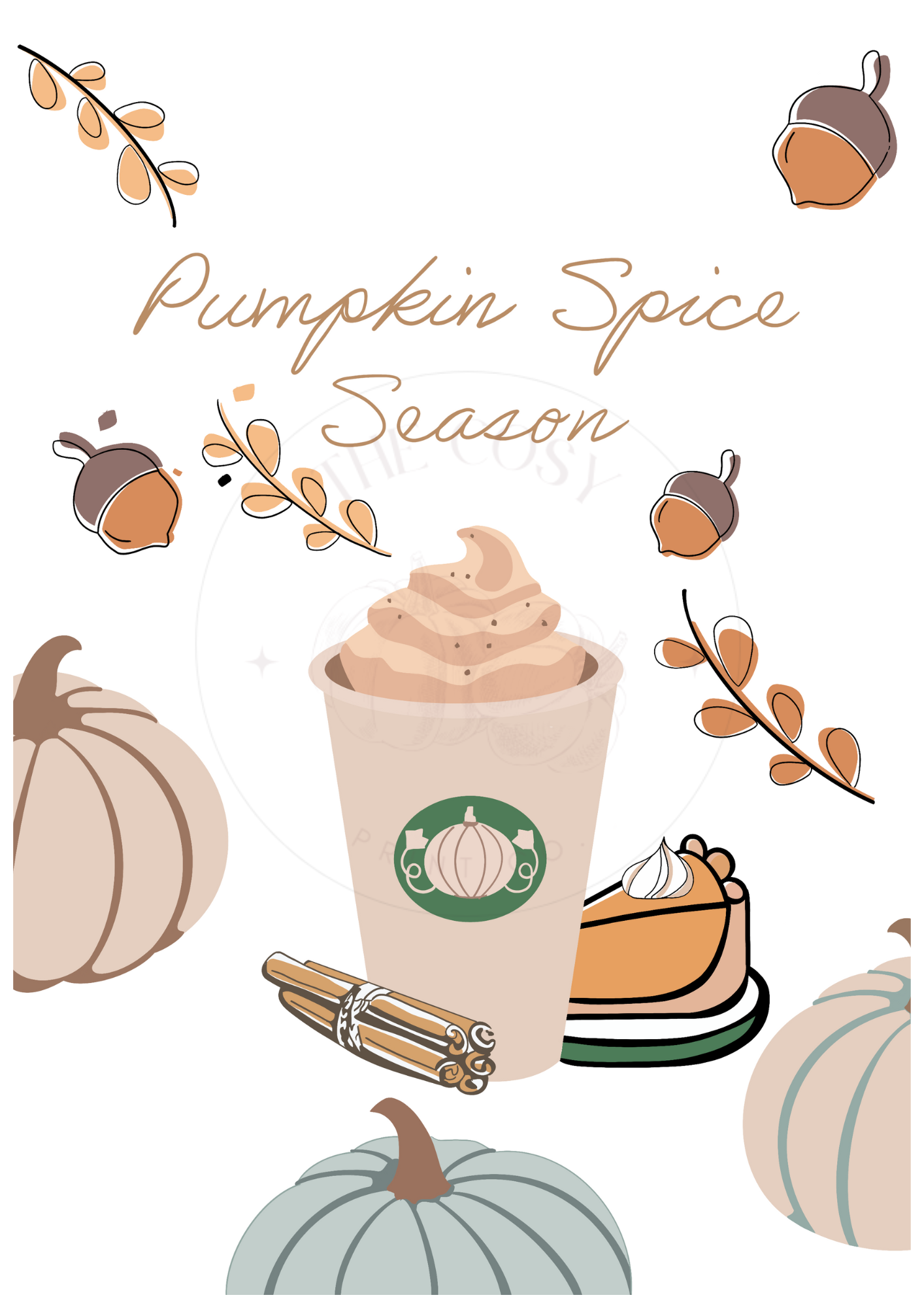 Hand-drawn Pumpkin Spice Season coffee print featuring a cosy autumn latte cup in warm orange and brown tones.