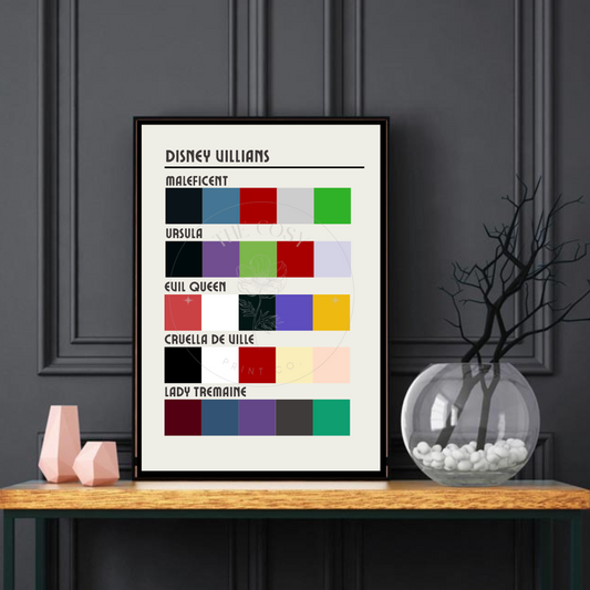 A colour swatch art print inspired by Disney Villains, featuring bold and dark hues arranged in a clean, grid-style layout.