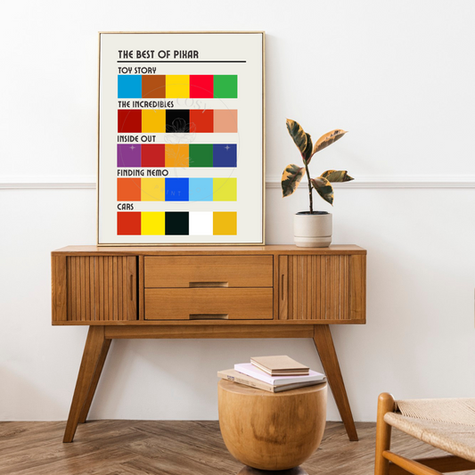 A colourful swatch-style print featuring shades inspired by Pixar characters, arranged in a neat, grid-style layout.
