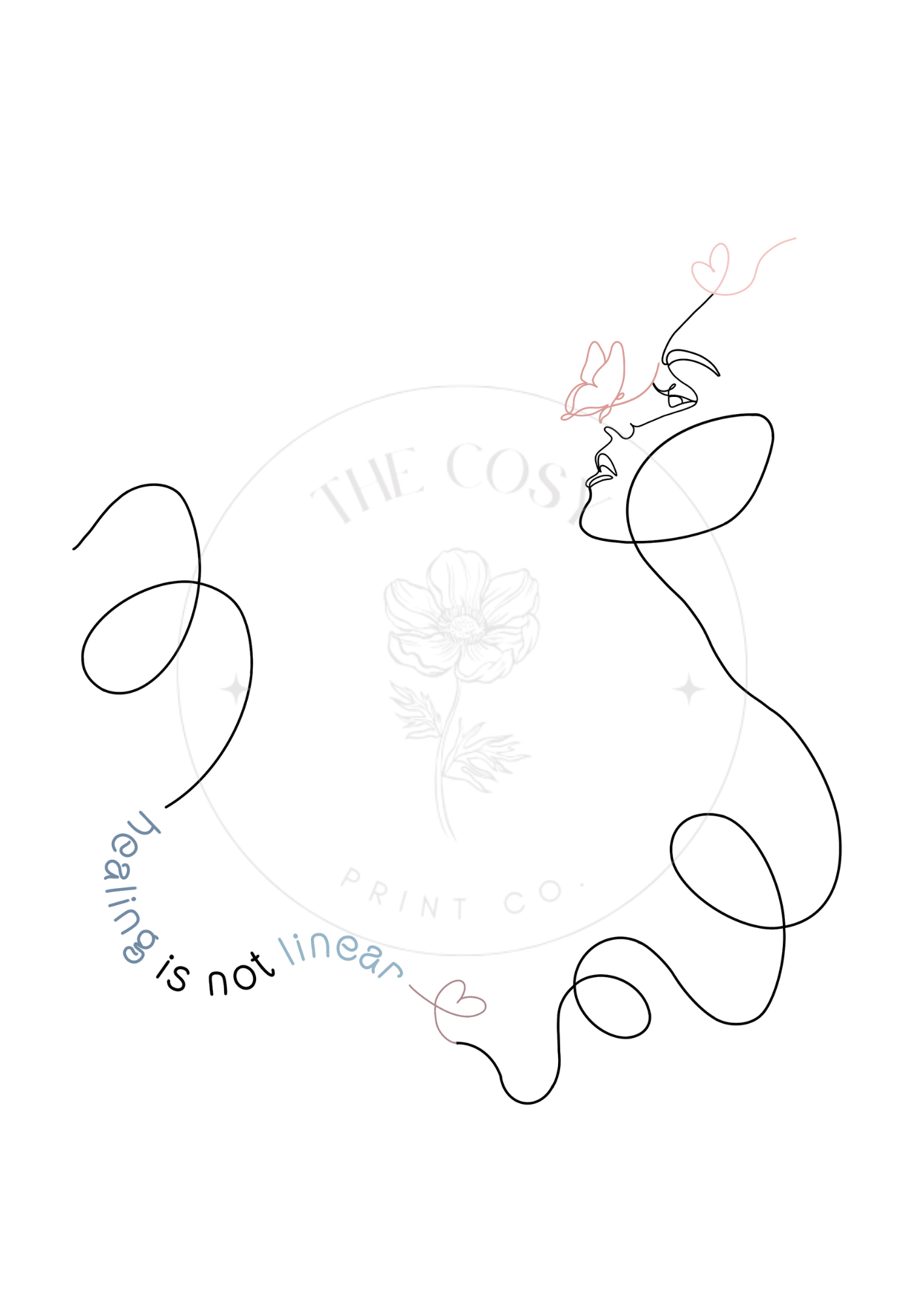 A minimalist print with the phrase “Healing isn’t linear” and a single-line drawing of a face and butterfly, in soft, calming tones.