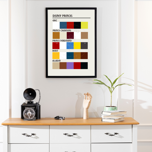A modern colour swatch print inspired by the signature shades of Disney Princes, displayed in a neat, minimalist grid.


