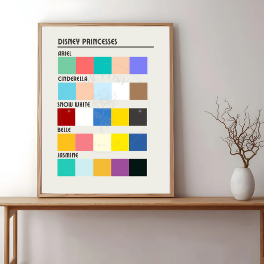 A pastel-toned art print with rectangular swatches inspired by the signature colours of Disney Princesses, arranged in a minimalist grid style.