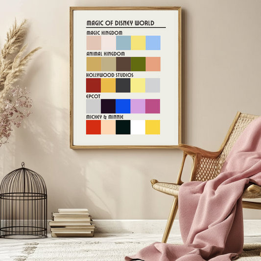A swatch-style art print featuring colours inspired by the four Walt Disney World parks, with Mickey and Minnie silhouettes at the bottom.

