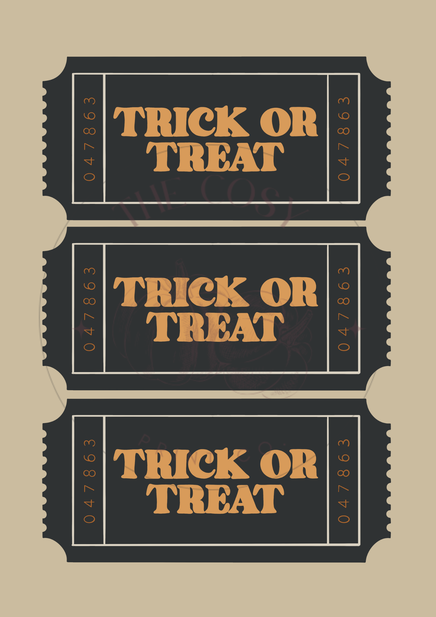 Black and cream wall art print featuring three retro tickets labelled “Haunted House” – Halloween decor by The Cosy Print Company, printed on 200gsm Colour-Lock™ paper, available in A4 and A3 sizes.