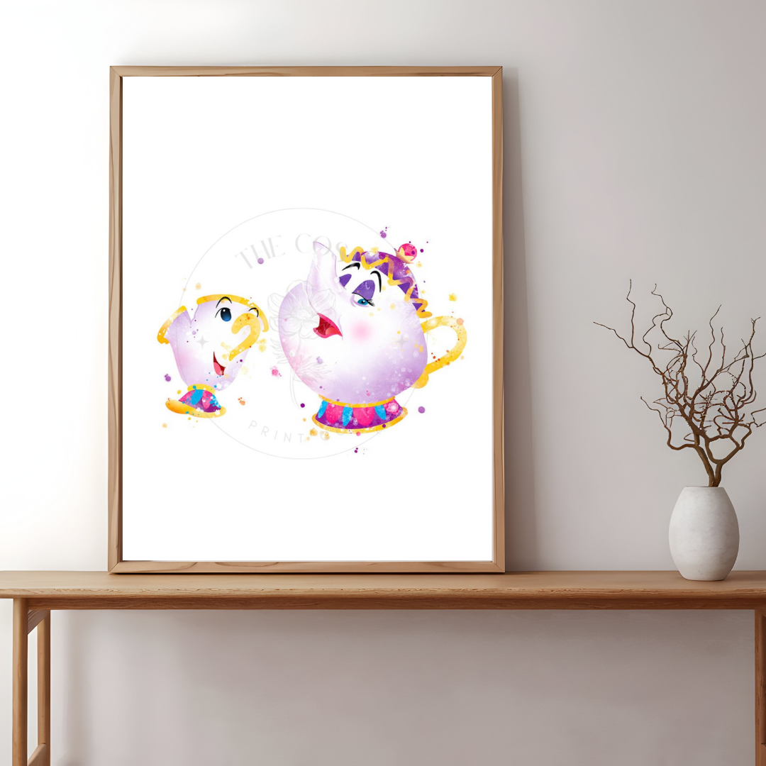 Beauty and the Beast-inspired watercolour illustration of Mrs. Potts and Chip disney print