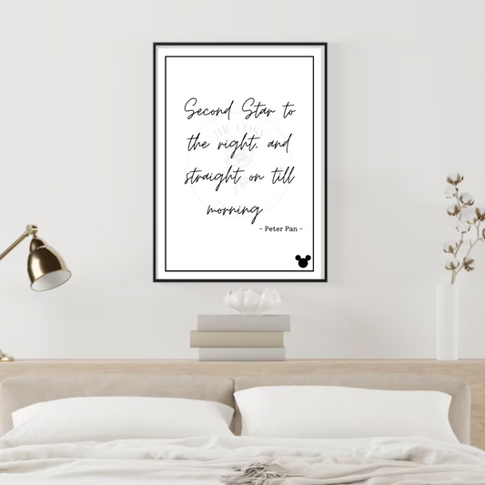 Black and white Peter Pan quote print reading Second Star to the Right