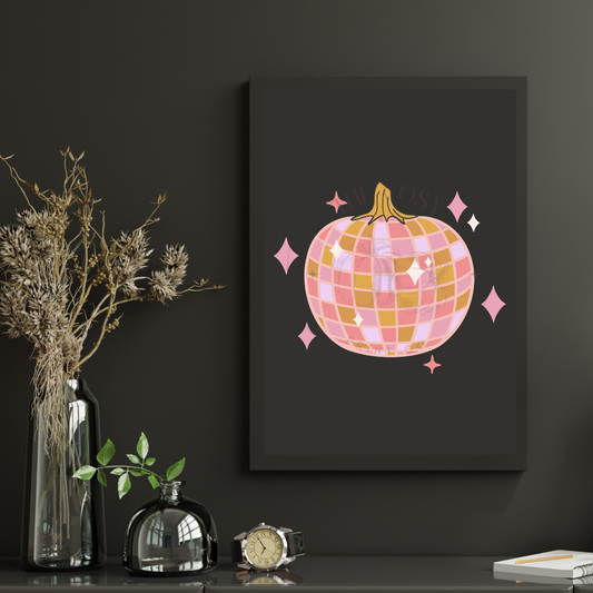 Black background Halloween wall art print featuring a colourful hand-drawn pumpkin disco ball – printed on 200gsm Colour-Lock™ paper, available in A4 and A3 sizes.
