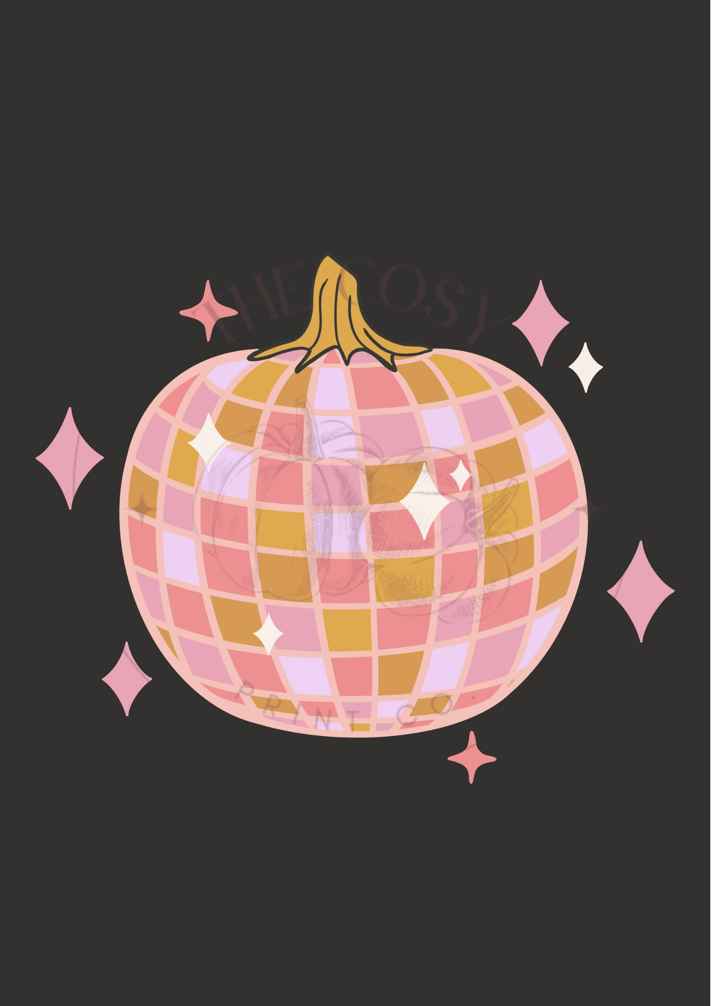 Black background Halloween wall art print featuring a colourful hand-drawn pumpkin disco ball – printed on 200gsm Colour-Lock™ paper, available in A4 and A3 sizes.