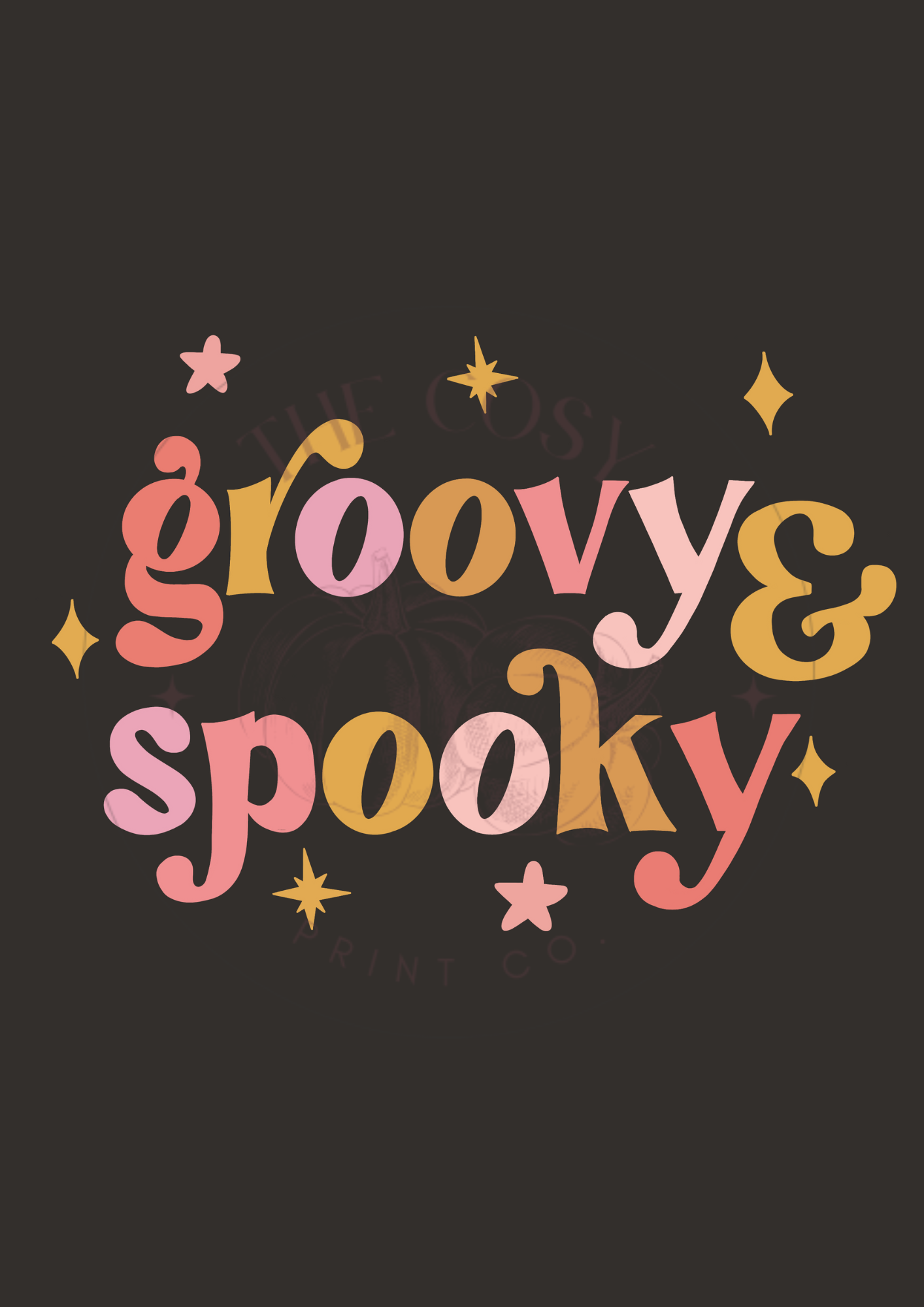 Black background Halloween wall art print featuring funky hand-drawn lettering reading “Groovy and Spooky” in bright colours – printed on 200gsm Colour-Lock™ paper, available in A4 and A3 sizes.