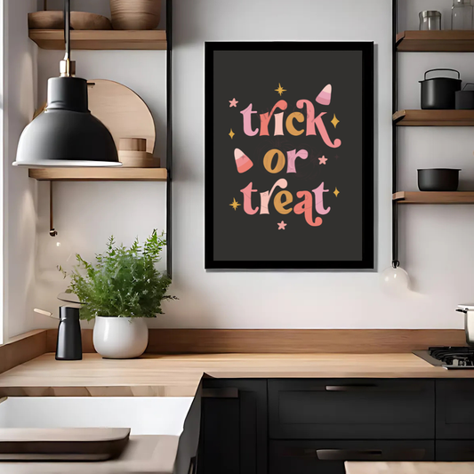 Black background Halloween wall art print featuring hand-drawn “Trick or Treat” lettering in candy corn colours – printed on 200gsm Colour-Lock™ paper, available in A4 and A3 sizes.