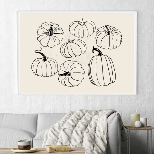 Bring cosy seasonal charm to your home with our Pumpkin Patch Print. Featuring multiple pumpkins in a soft, cream-and-black landscape design, this artwork captures the serene beauty of autumn in a minimalist, modern style.

Perfect for kitchens, living rooms, or gallery walls, its neutral tones make it versatile for both contemporary and rustic interiors. This print also makes a thoughtful seasonal gift for autumn décor lovers.

✨ Style tip: Pair with natural wood frames, neutral textiles, or other soft-ton