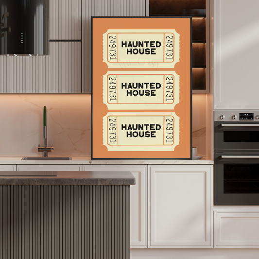 Burnt orange wall art print featuring three hand-drawn haunted house tickets – Halloween decor by The Cosy Print Company, printed on 200gsm Colour-Lock™ paper, available in A4 and A3 sizes.
