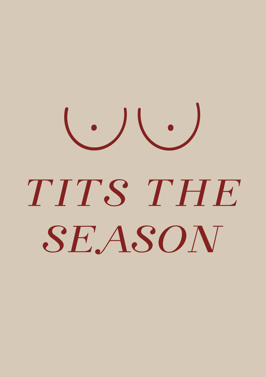 Cheeky adult Christmas print reading “Tits the Season” in festive hand-written text.