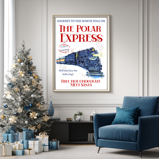 Christmas print featuring a hand-drawn Polar Express-inspired train with a festive backdrop.