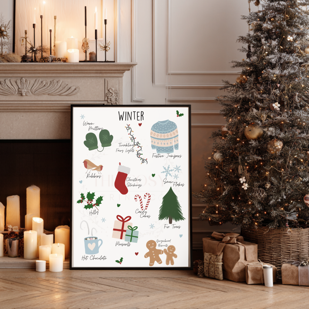 Christmas print featuring hand-drawn winter essentials including jumpers, scarves, stockings, and holly.
