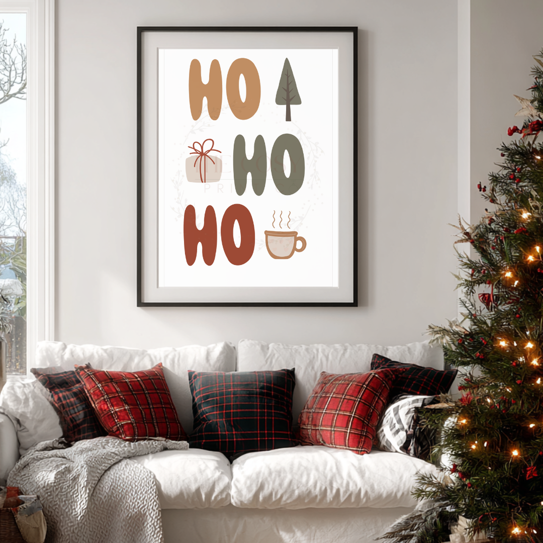 Christmas print featuring the words “Ho Ho Ho” in warm creams, browns and reds.