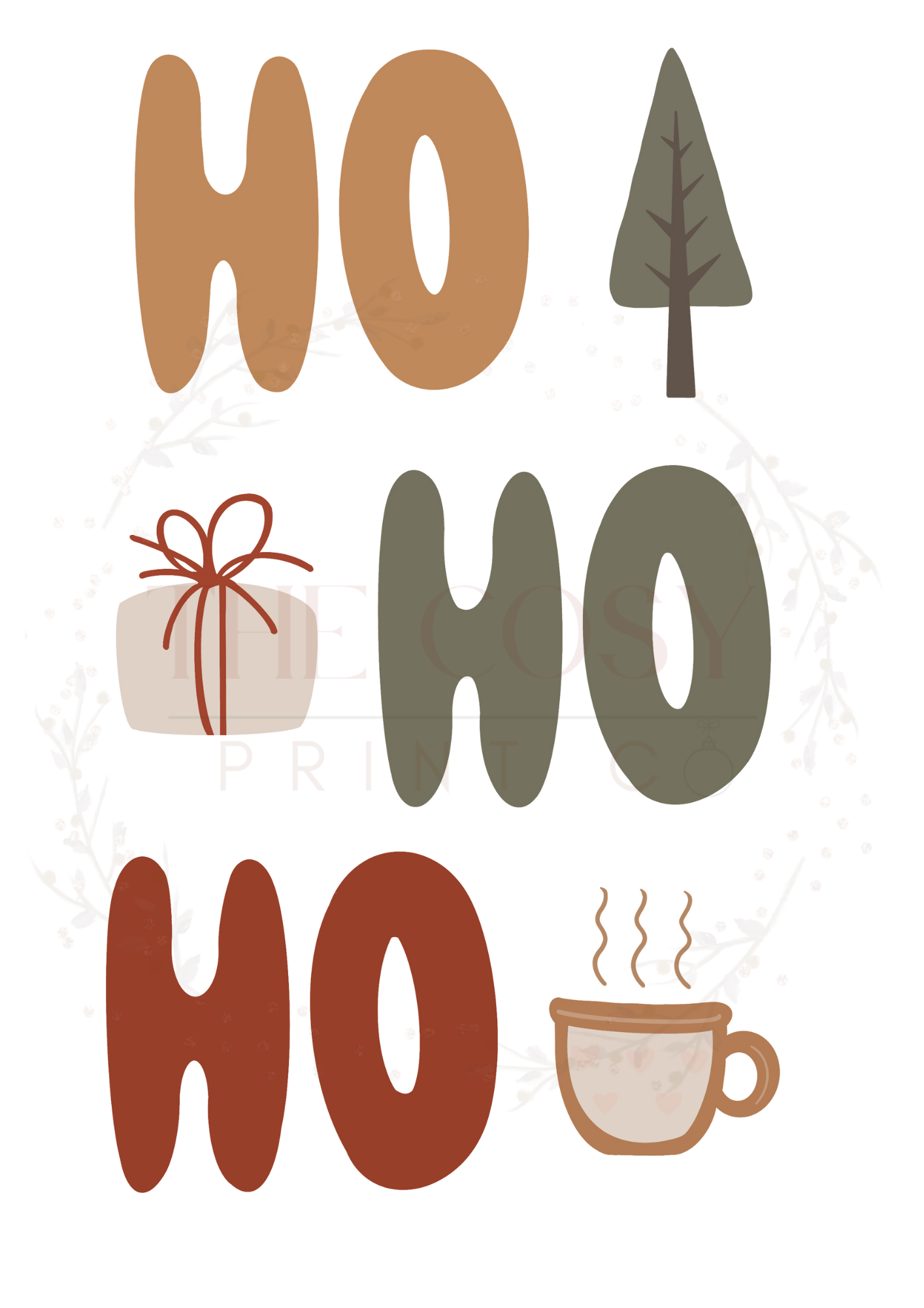 Christmas print featuring the words “Ho Ho Ho” in warm creams, browns and reds.1