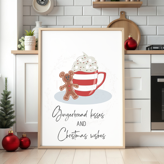 Christmas print with hand-drawn Mickey Mouse gingerbread man and text reading “Gingerbread Kisses and Christmas Wishes” on a festive background