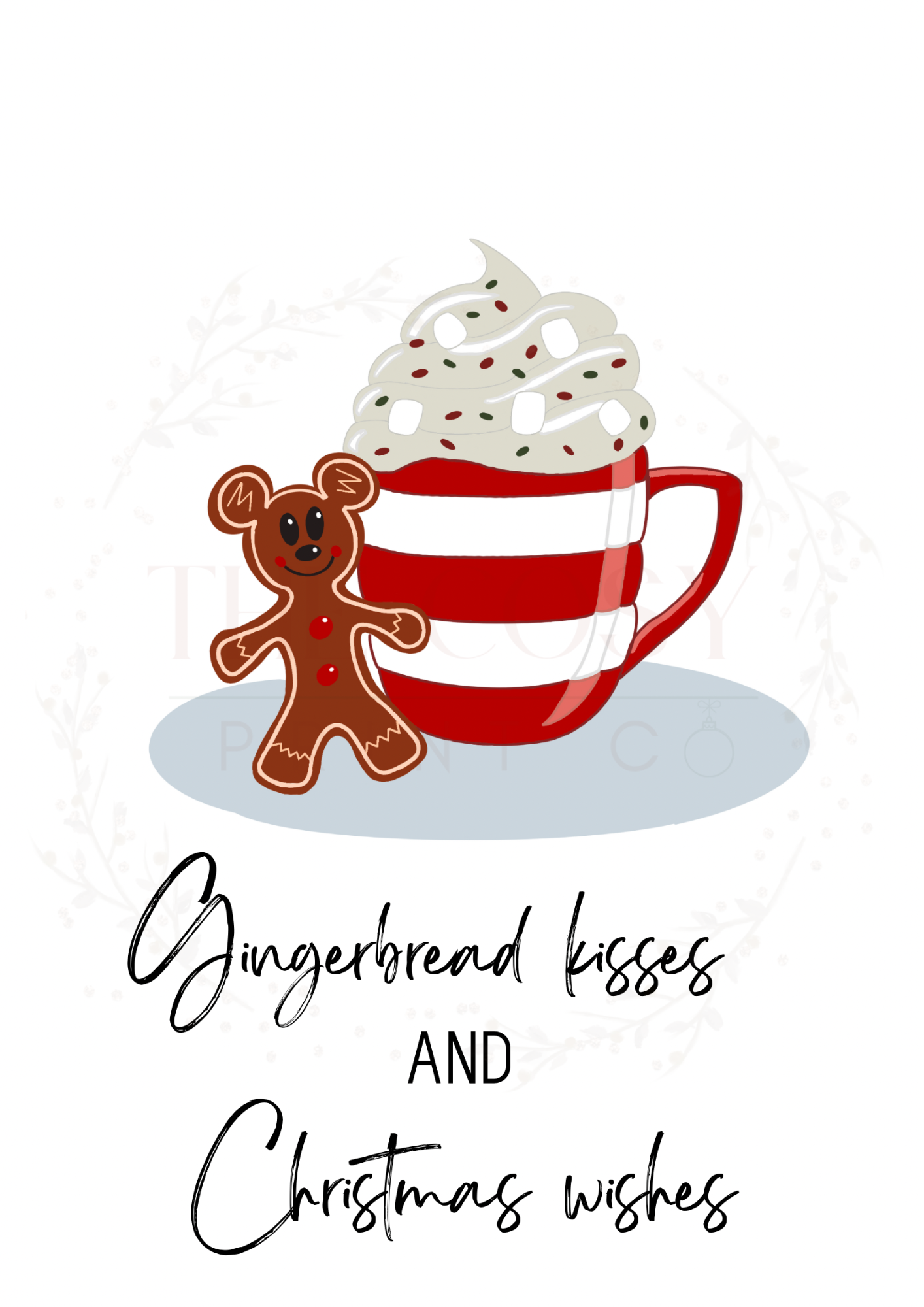 Christmas print with hand-drawn Mickey Mouse gingerbread man and text reading “Gingerbread Kisses and Christmas Wishes” on a festive background