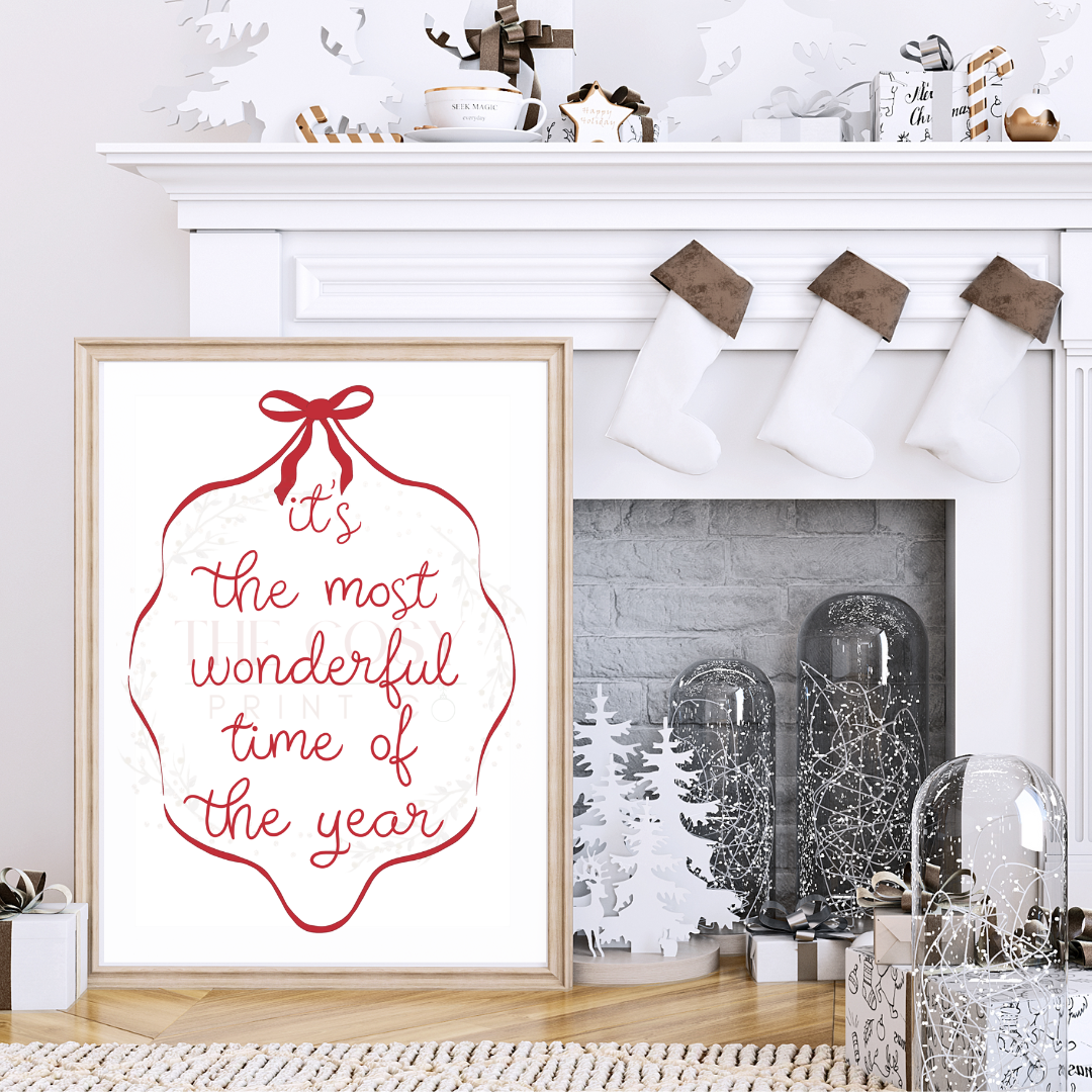 Christmas print with hand-drawn red and white bows and text reading “It’s the Most Wonderful Time of the Year.”