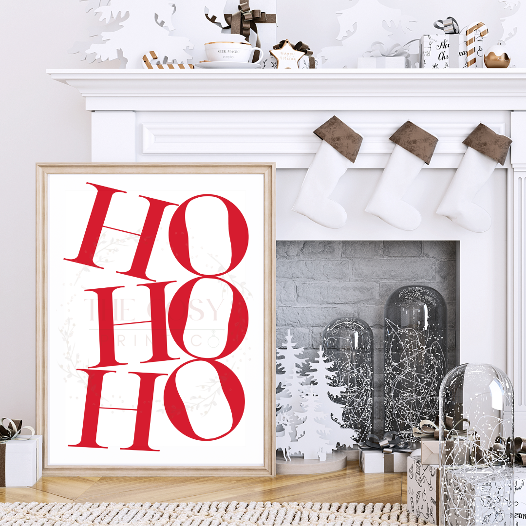 Christmas print with hand-lettered text reading “Ho Ho Ho” in red and white.