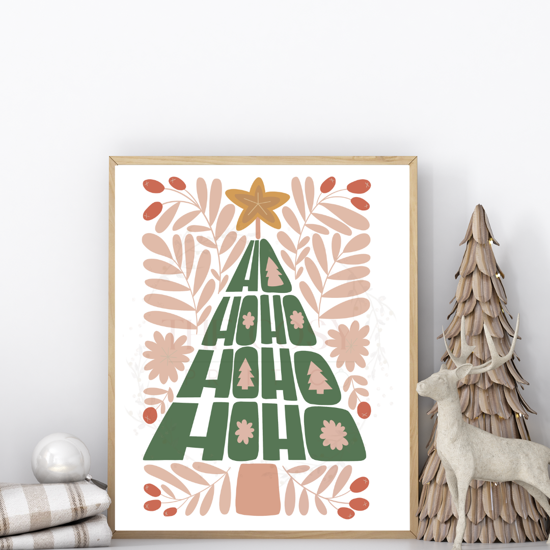 Christmas print with the words “Ho Ho Ho” arranged in the shape of a Christmas tree in green and cream tones.