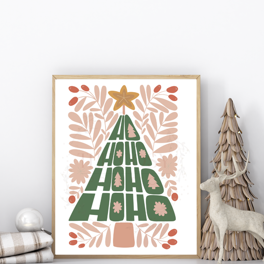 Christmas print with the words “Ho Ho Ho” arranged in the shape of a Christmas tree in green and cream tones.
