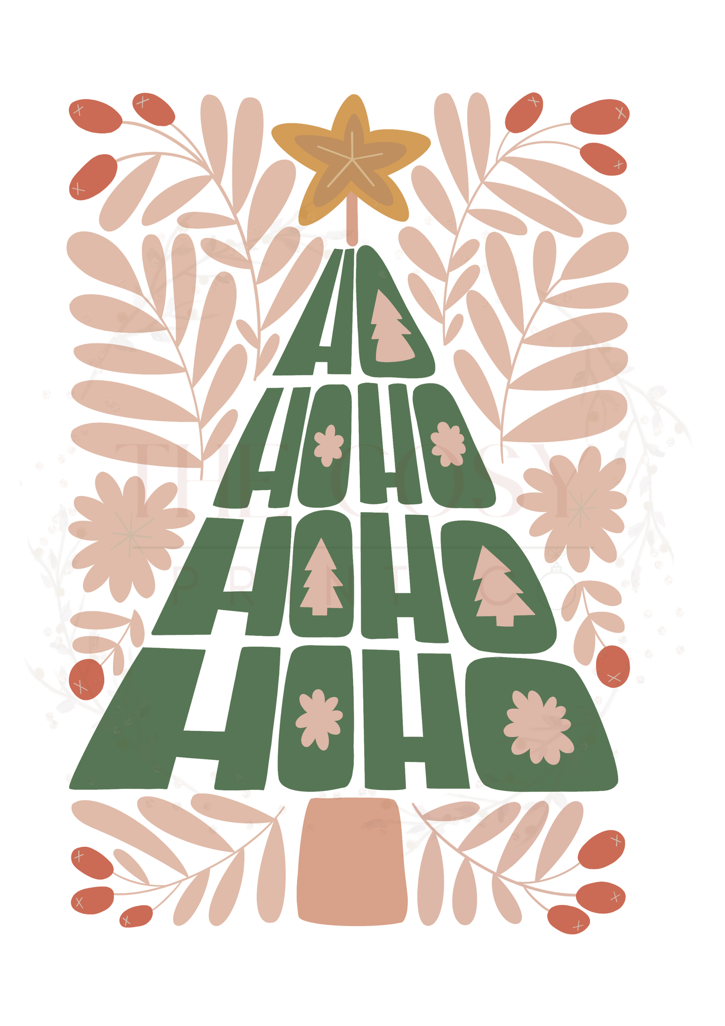 Christmas print with the words “Ho Ho Ho” arranged in the shape of a Christmas tree in green and cream tones.
