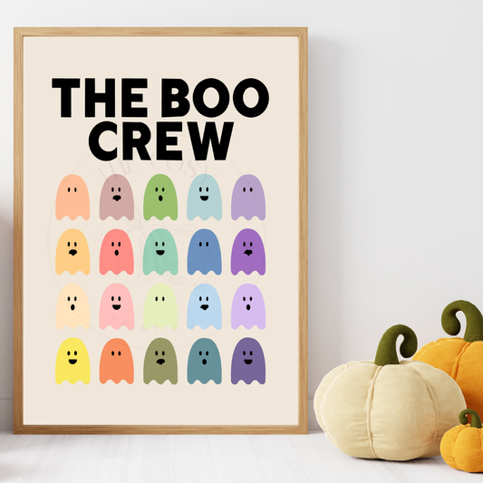 Colourful Halloween print featuring cute hand-drawn ghosts and the words “Boo Crew” in subtle pastel tones – by The Cosy Print Company, printed on 200gsm Colour-Lock™ paper, available in A4 and A3 sizes.
