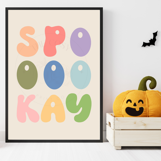 Colourful Halloween wall art print with bold text reading “Spooookay” in subtle pastel tones – designed by The Cosy Print Company, printed on 200gsm Colour-Lock™ paper, available in A4 and A3 sizes.