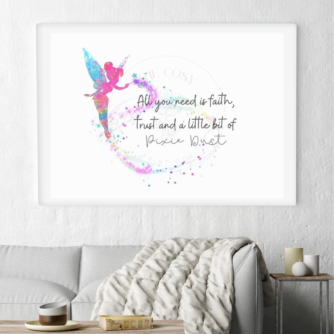 Colourful silhouette of Tinker Bell with “Faith, Trust & Pixie Dust” quote