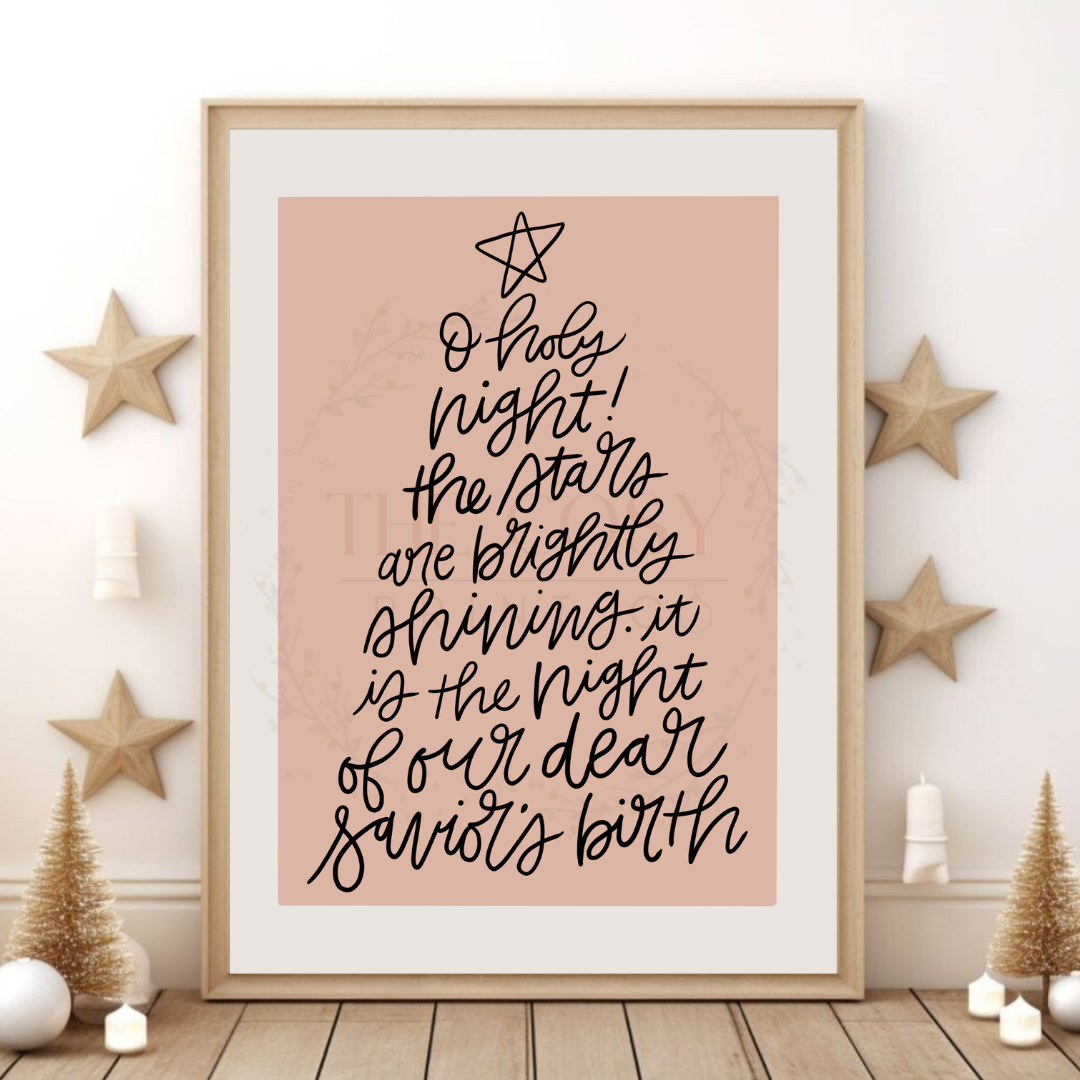 Cream Christmas print featuring handwritten “O Holy Night” text arranged in the shape of a Christmas tree.