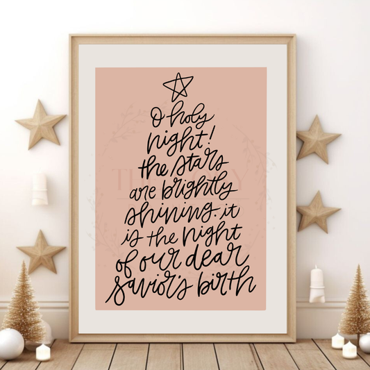 Cream Christmas print featuring handwritten “O Holy Night” text arranged in the shape of a Christmas tree.