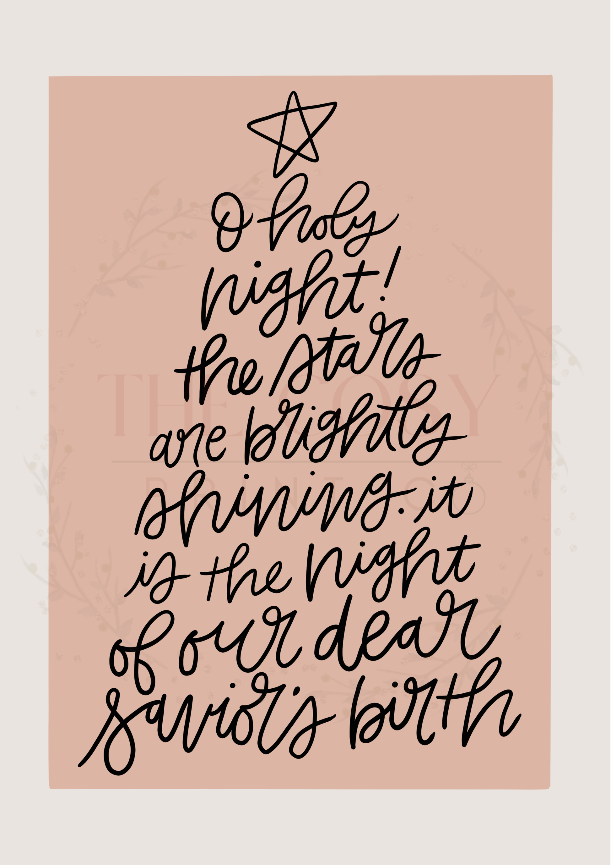 Cream Christmas print featuring handwritten “O Holy Night” text arranged in the shape of a Christmas tree.