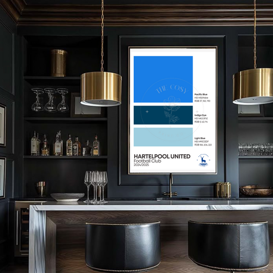 Custom Hartlepool United sports print in Pantone-style colours, featuring team badge and optional season – fully customisable for any team or sport.
