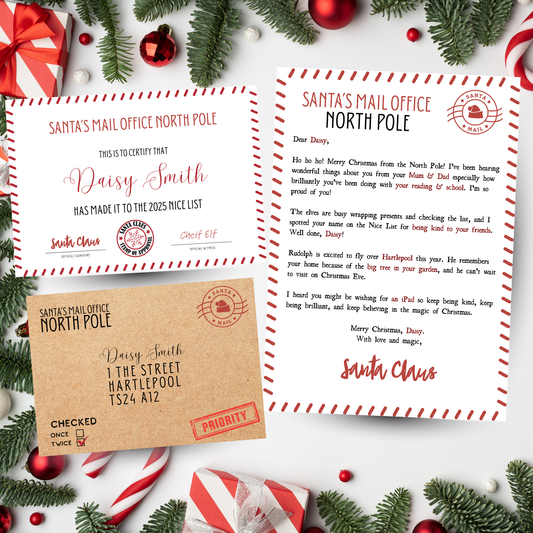 Custom Santa letter kit with Christmas envelope and printed letter