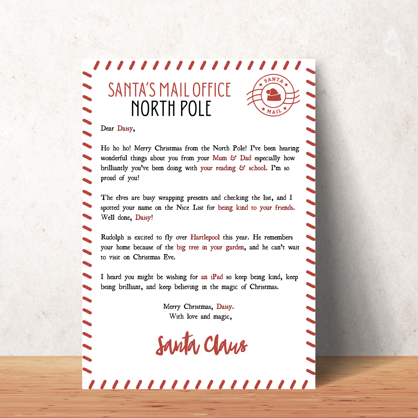 Custom Santa letter kit with Christmas envelope and printed letter